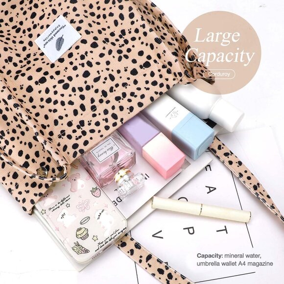 Corduroy Tote Bags for Women, Large Capacity Tote Purse Reusable Grocery Shoulde - Picture 3 of 7